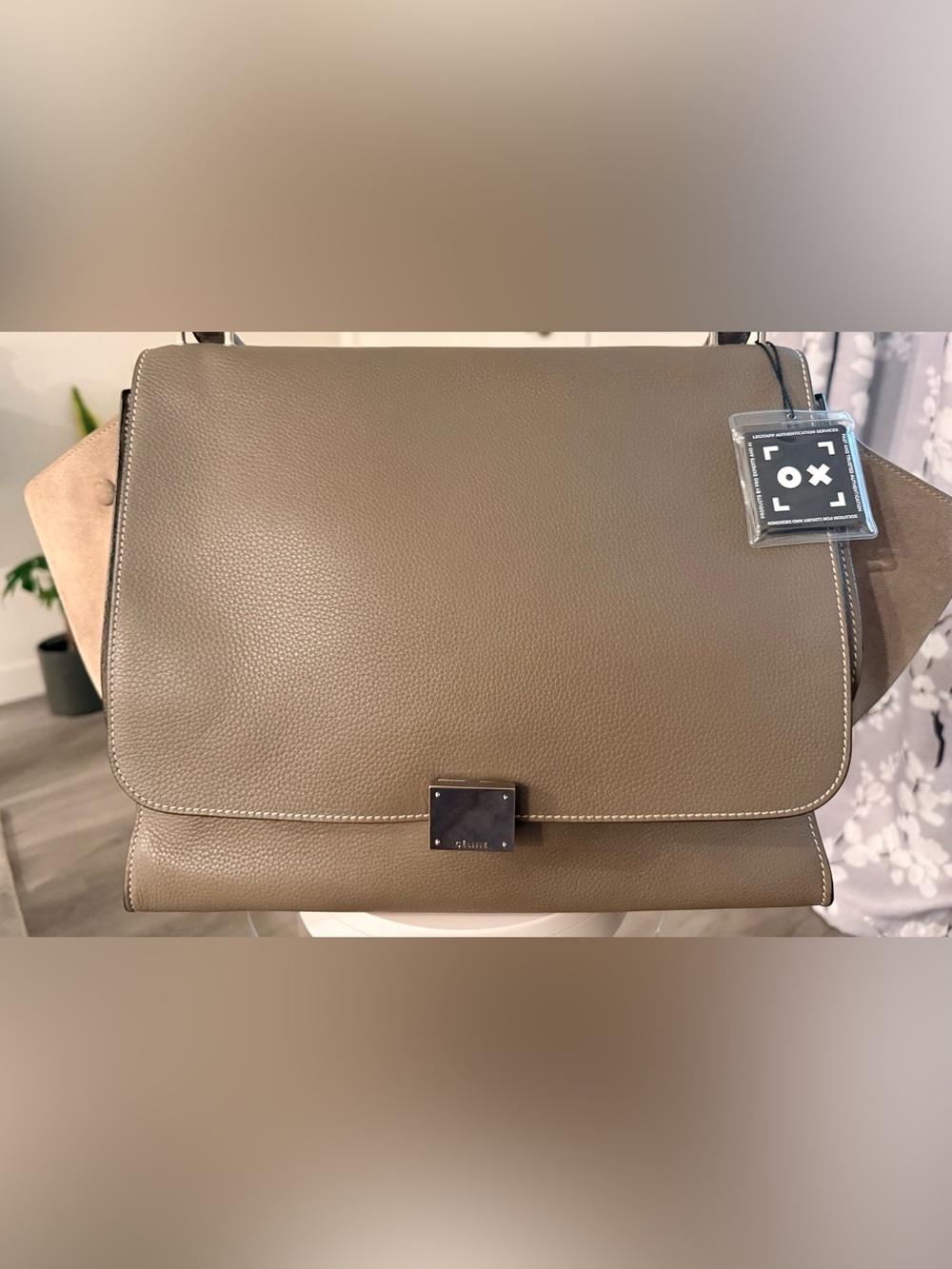 Celine Taupe Pebbled Leather Satchel with Metal Plaque